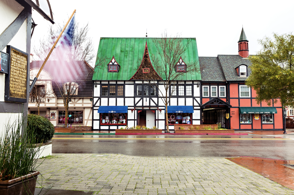 Dutch-style architecture on the main streets of Solvang, California.