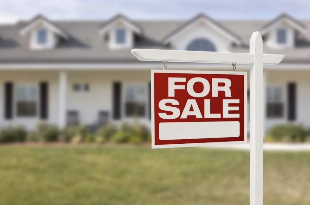 A "For Sale" sign in front of a white suburban home.