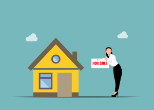 a clip art image of a woman holding aa for sale sign by a yellow house