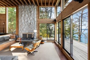 The interior of a modern lakeside home.