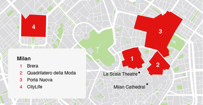 A map highlighting some of the most sought-after districts in Milan, including Brera, Quadrilatero della Moda, Porta Nuova, and CityLife.