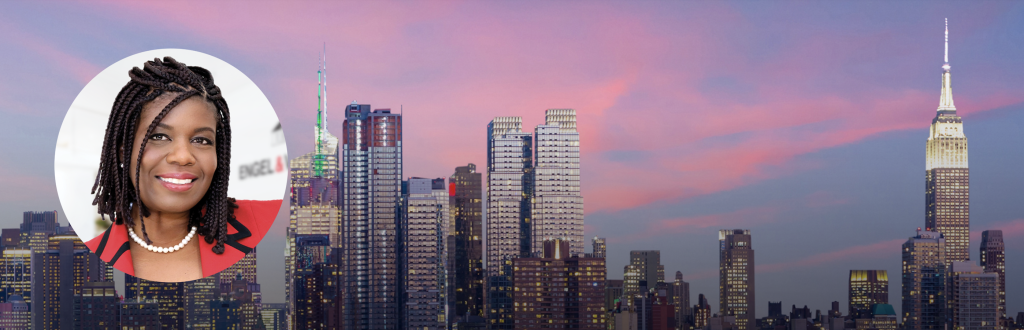 Mable Ivory's headshot over a picture of the New York City skyline at dusk