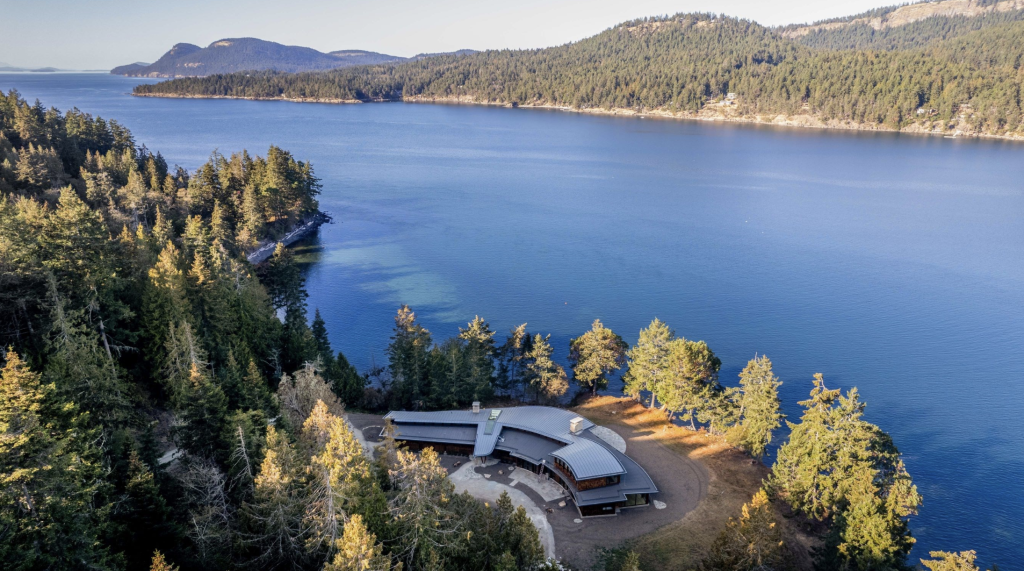 An aerial view of an architecturally designed home on Pender Island in British Columbia.