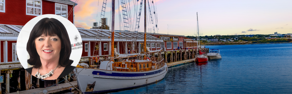 luxury real estate advisor Donna Harding over a background of Nova Scotia Halifax.