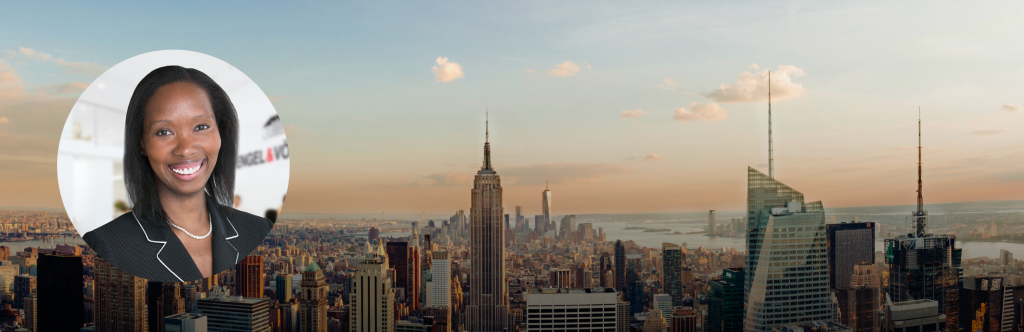 luxury real estate advisor Nicole Beauchamp over a background of New York City. 