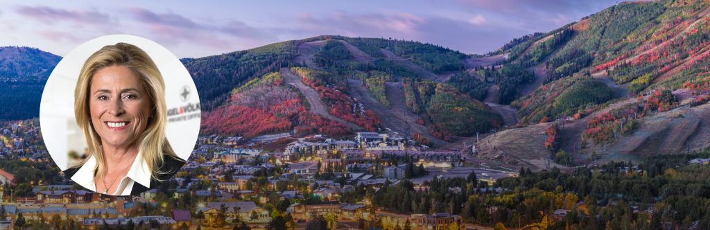 luxury real estate advisor Melissa Temple over a background of Park City, Utah mountains