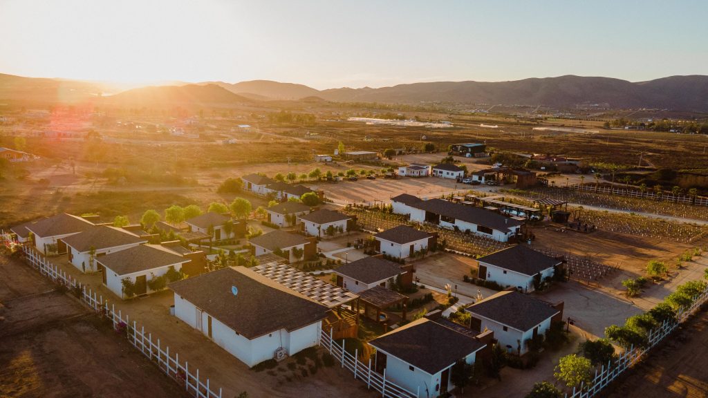 Aerial View of Entrevalle Hotel Boutique Valle de Guadalupe during golden hour