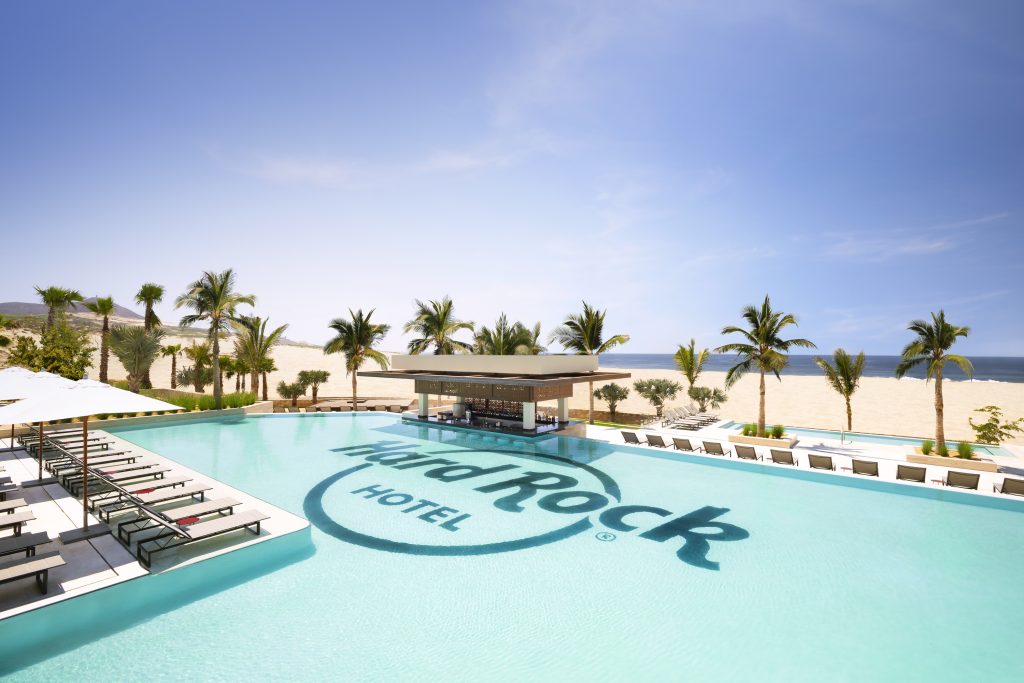 Hard Rock Hotel Los Cabos Pool with Hard Rock logo in the pool