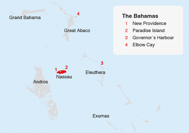 A map of sought-after islands and towns in The Bahamas including New Providence, Paradise Island, Governor's Harbour, and Elbow Cay.