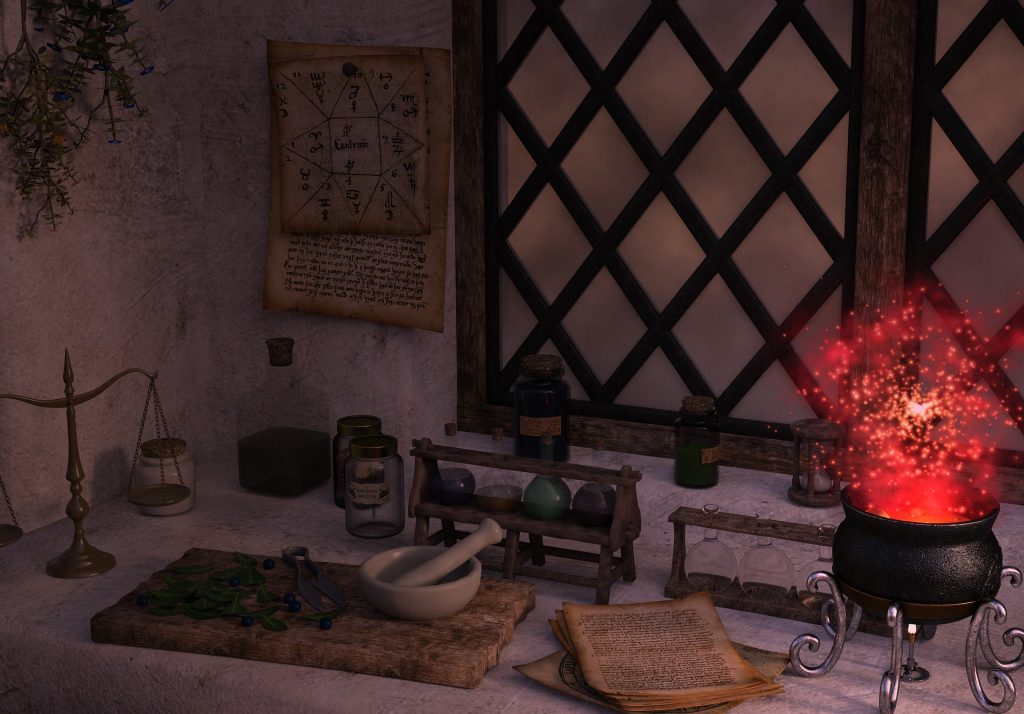 Animated drawing of a studying desk with a mortal and pestal, books, and and glowing cauldron