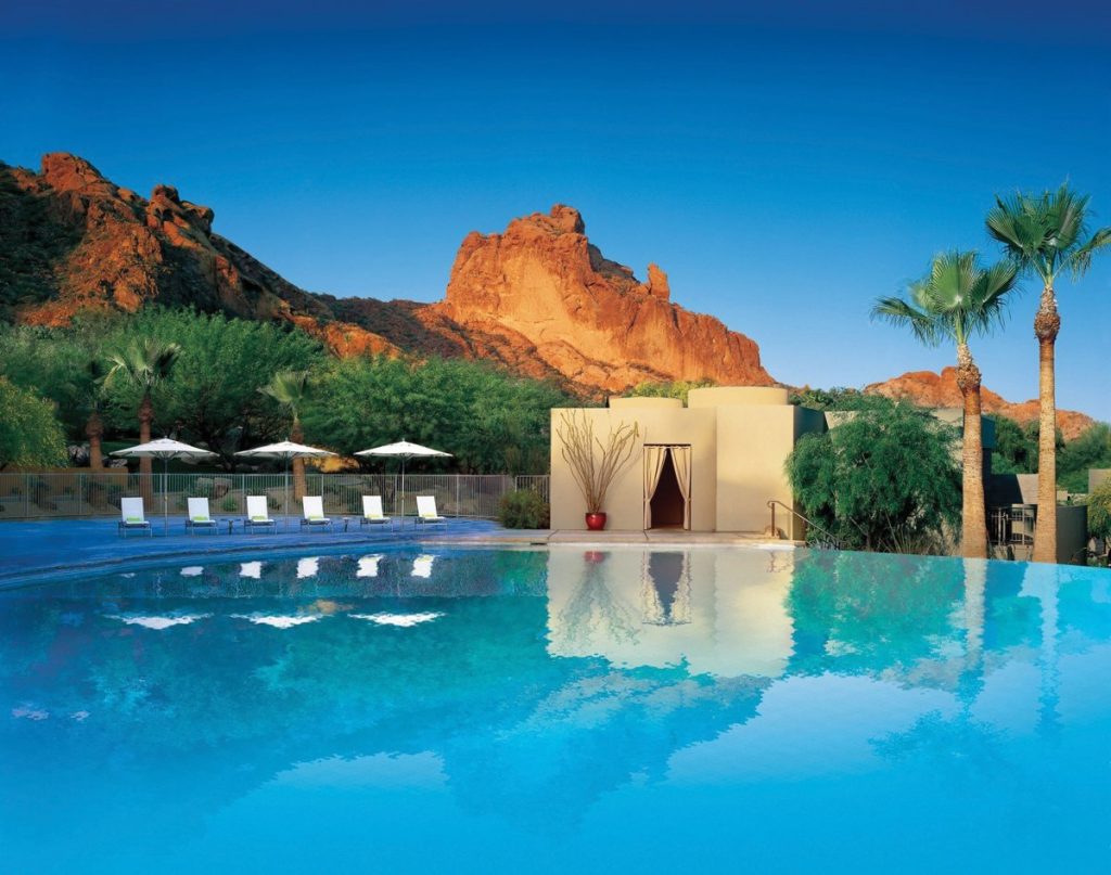 Pool with camelback mountain in the background at Sanctuary on Camelback Mountain Resort & Spa