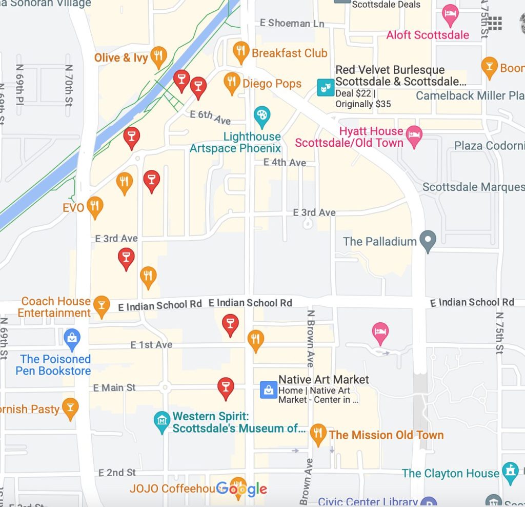 Scottsdale Wine Trail Map indicating the location of the Wine tasting rooms in Scottsdale