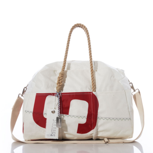 vintage white weekender bag with a red 3 on it.