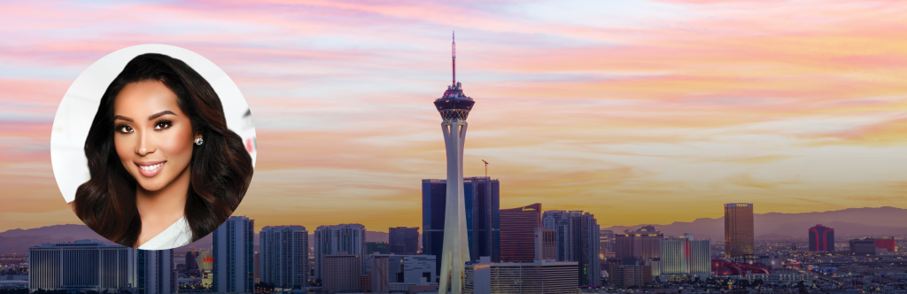 Headshot of Lisa Song Sutton over a picture of the Las Vegas skyline at dusk