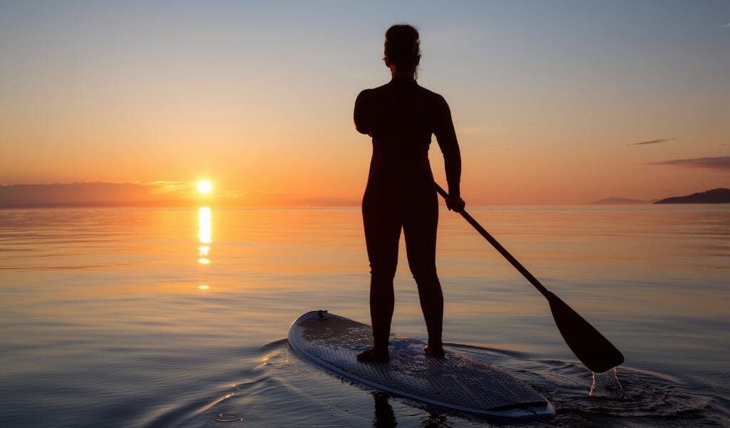 Woman Paddle Boarding on flat lake/ocean during sunset