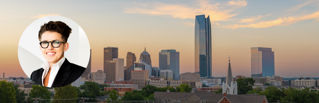 Headshot of Charli Bullard over a dusk picture of a the Oklahoma City skyline.