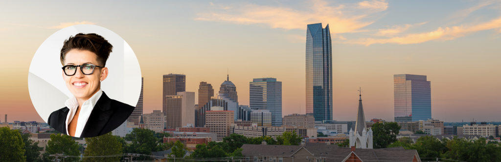 Headshot of Charli Bullard over a dusk picture of a the Oklahoma City skyline. 