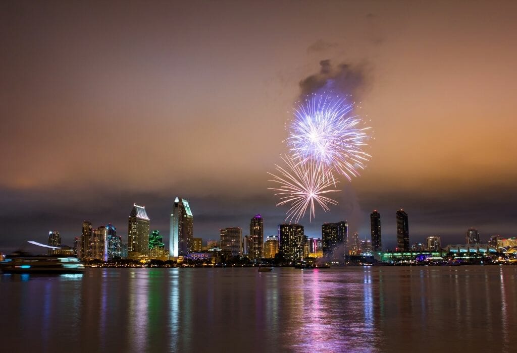 4th of July Fireworks in San Diego photographed from Coronado with the San Diego Bay in the foreground and San Diego skyline in the background