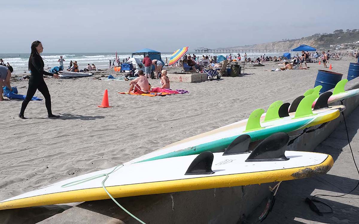 Surfboards line the sidewalk at La Jolla Shores beach. Photo by Chris Stone
