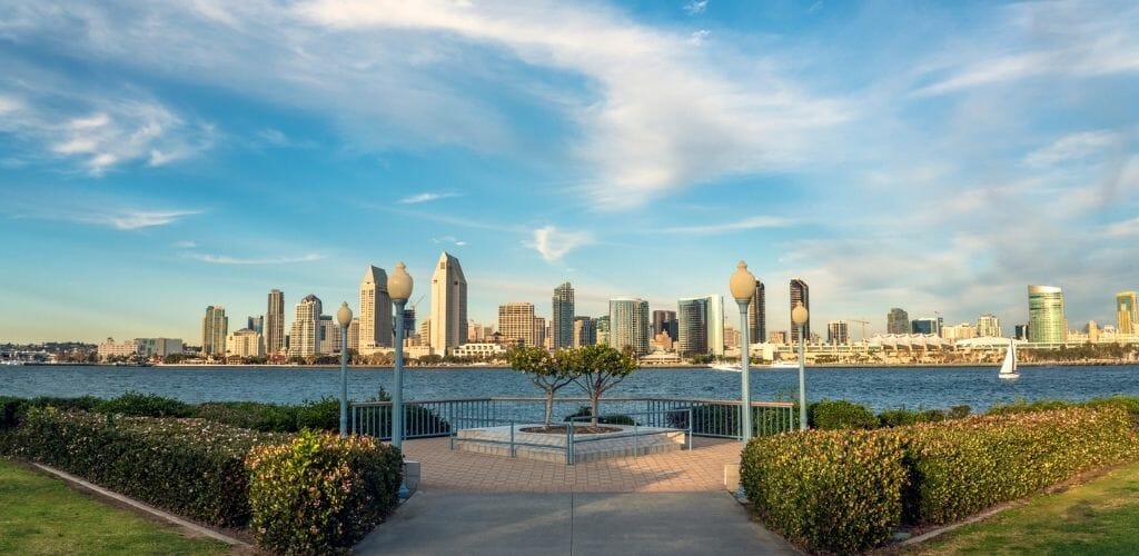 Bayside Promenade in Coroado with view of San Diego skyline in the background