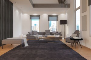 duplex with a dark floor rug