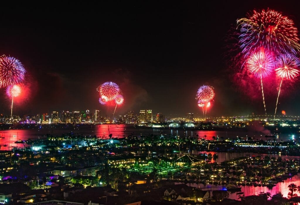 4 red fireworks over San Diego Bay Big Boom Bay Fireworks San Diego 4th of July