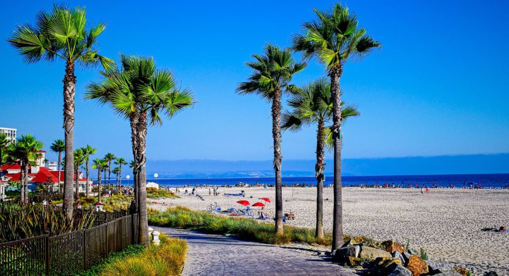 Palm tree lined path along white sand beach overlooking Pacific Ocean on sunny summer day with Hotel del Coronado in distance. Coronado Island, San Diego in July.