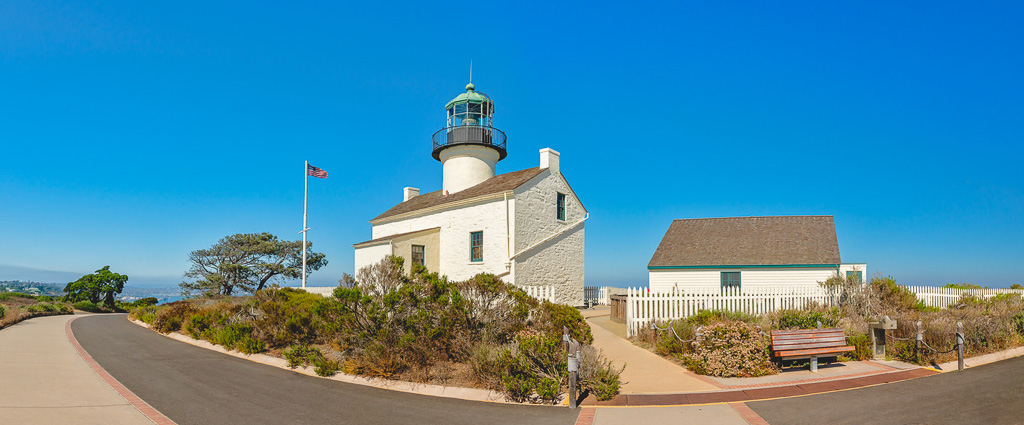 Cabrillo National Monument, San Diego Bay.Panoramic view of an Old Point Loma lighthouse, clear blue sky background