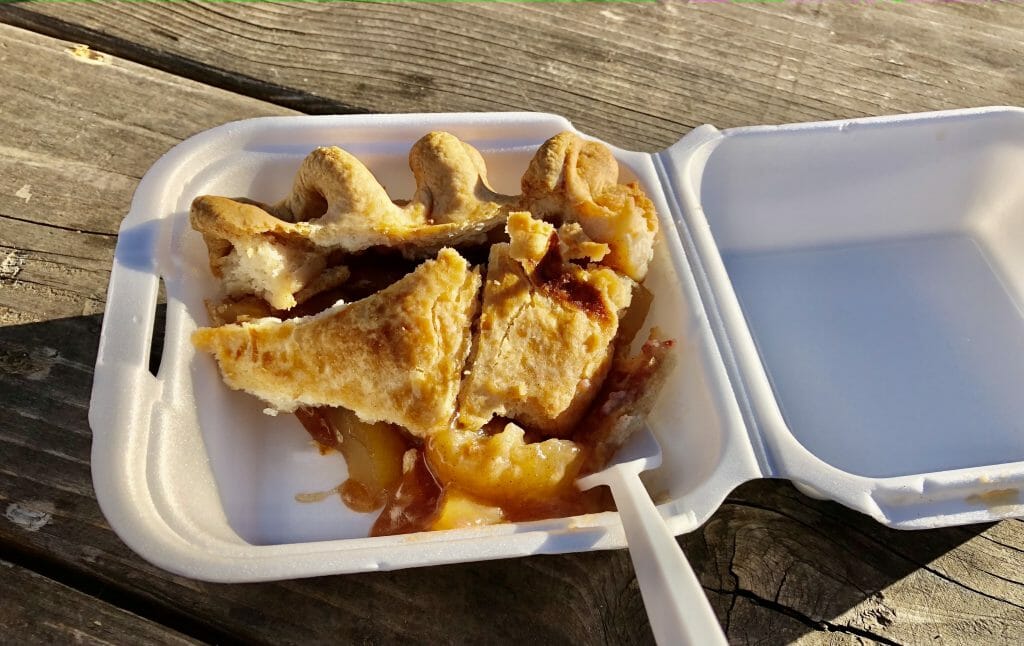 Slice of apple pie with pastry top in a white styrofoam container with a white plastic fork from Julian Cafe and Bakery-Apple Pie in Julian