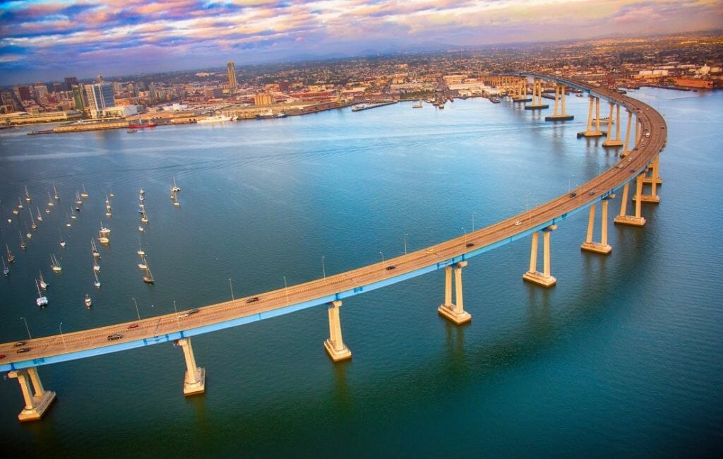 Aerial view of Coronado Bay Bridge at sunrise