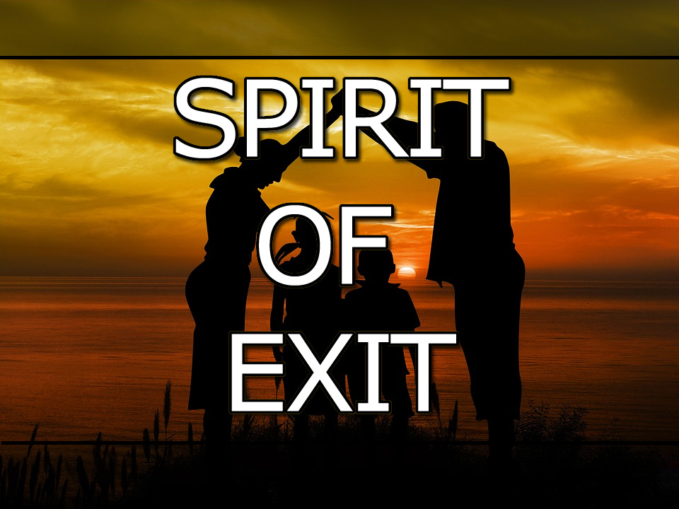 People on a shoreline at sunset with text overlay "Spirit Of EXIT!"