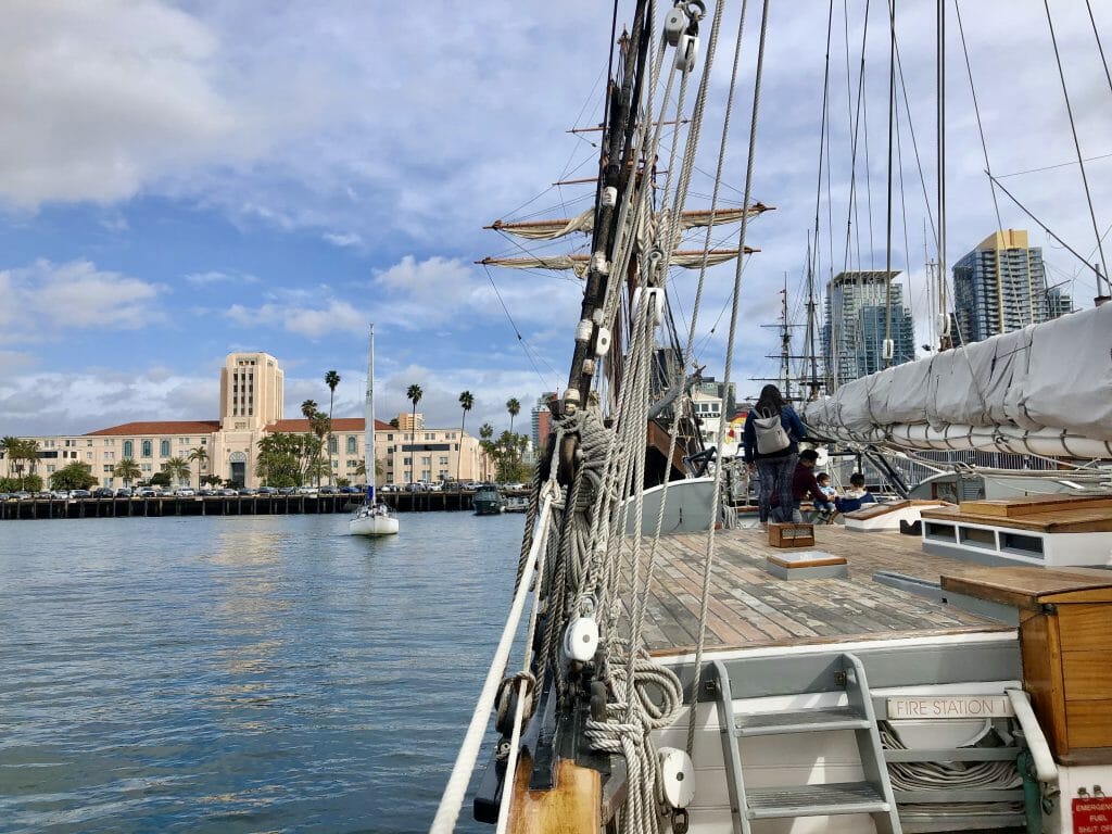 Historic sailboat Californian with San Diego City Hall in the background