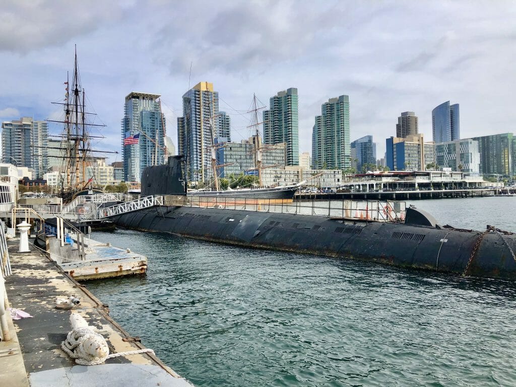 Dock of the Maritime Museum San Diego with Russian Submarine and Downtown San Diego in the background