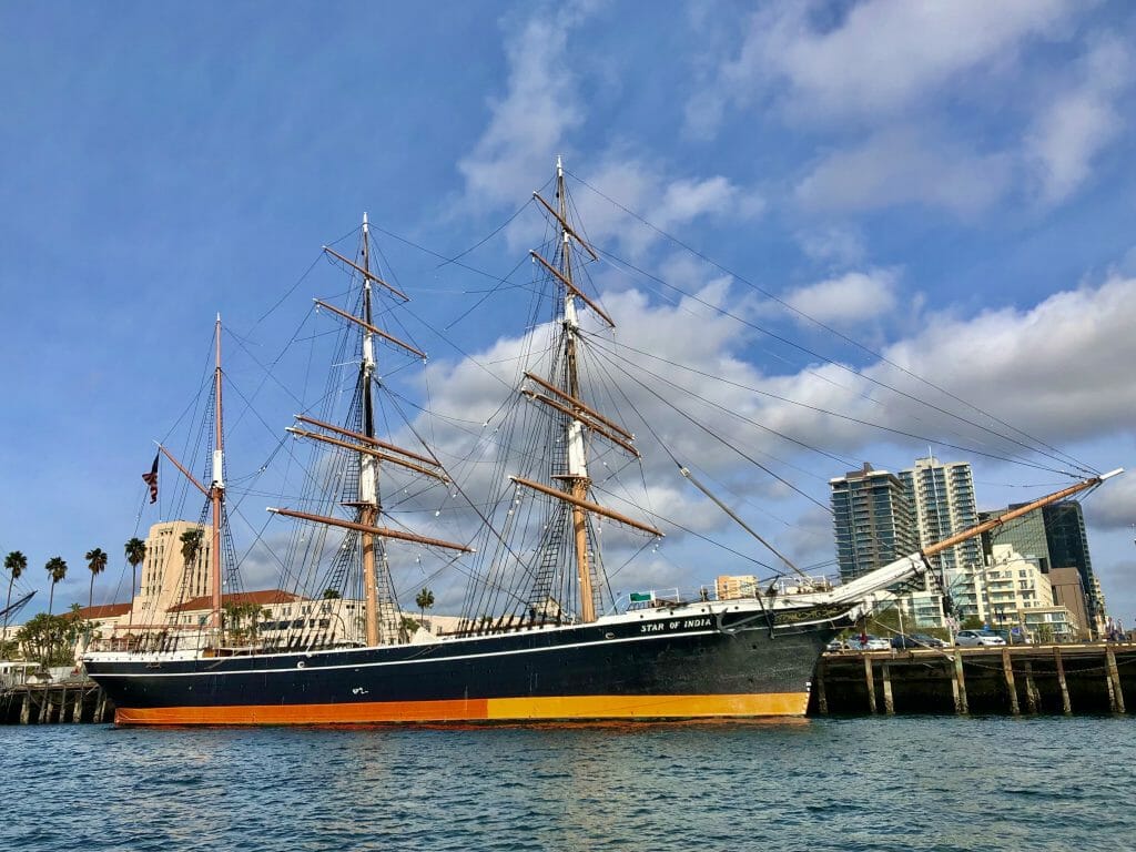 View from the water of historic sailboat Star of India San Diego Maritime Museum