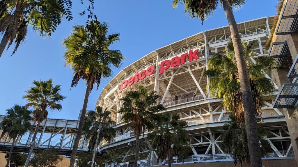 Outside of Padres Stadium Petco Park San Diego with Palm trees