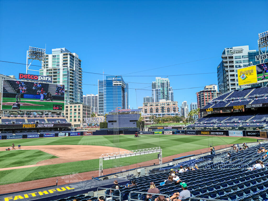 View of Petco Park Baseball Field from the stands with San Diego Downtown highrises in the background