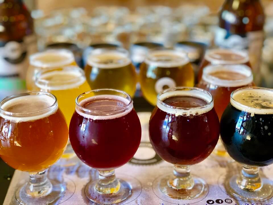 rows and rows of beer samples in small glass in various shades from pale yellow to orange, red and almost black - Beer tasting at Garage Brewing Company - things to do in Temecula