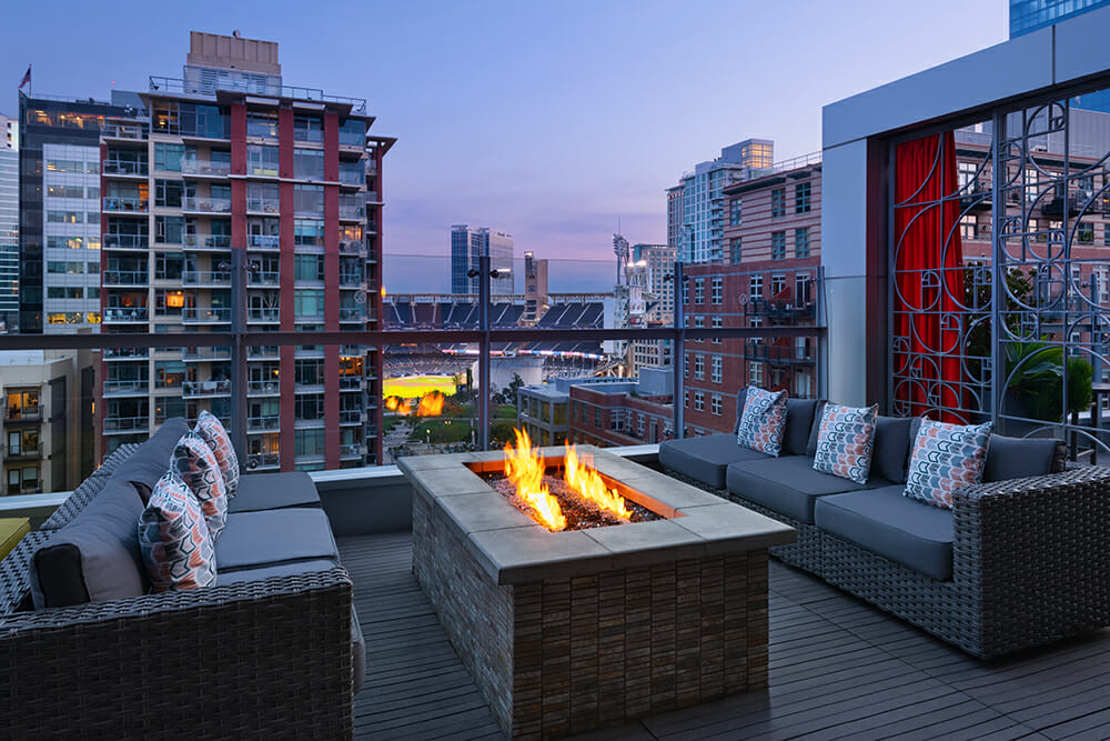 Rooftop terrace with view of Petco Park from Hotel Indigo San Diego