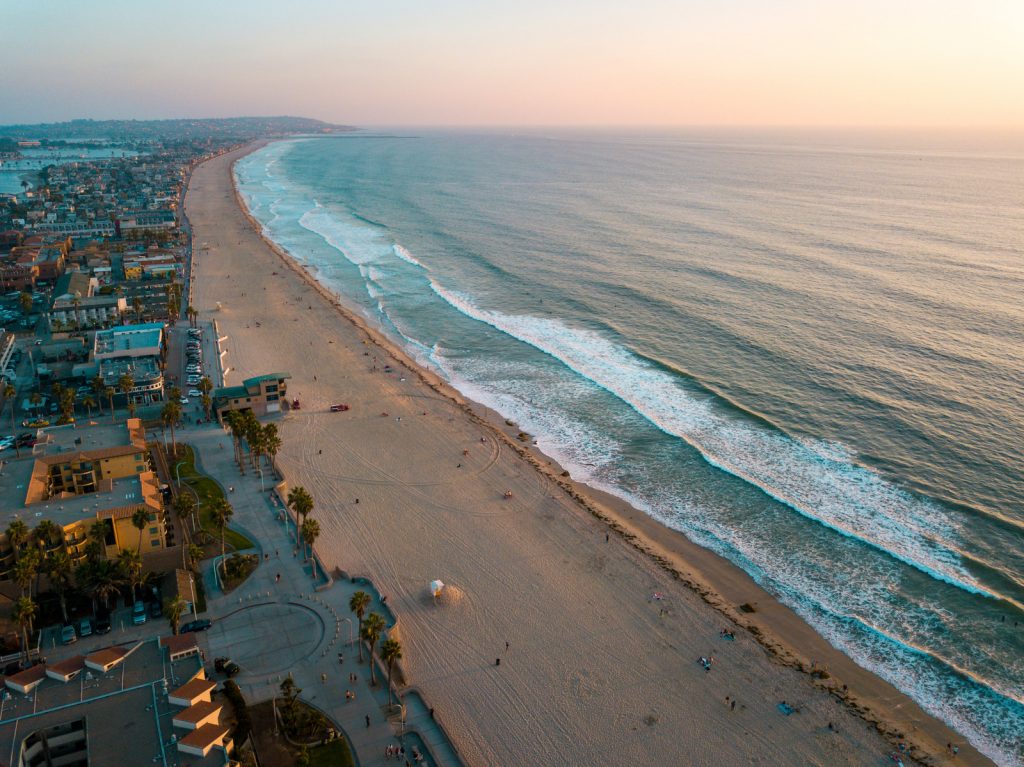Mission Beach San Diego Aerial shot at sunset