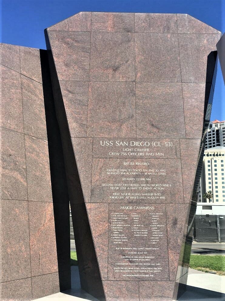 Red granite stone plates with brass writing - USS San Diego Memorial