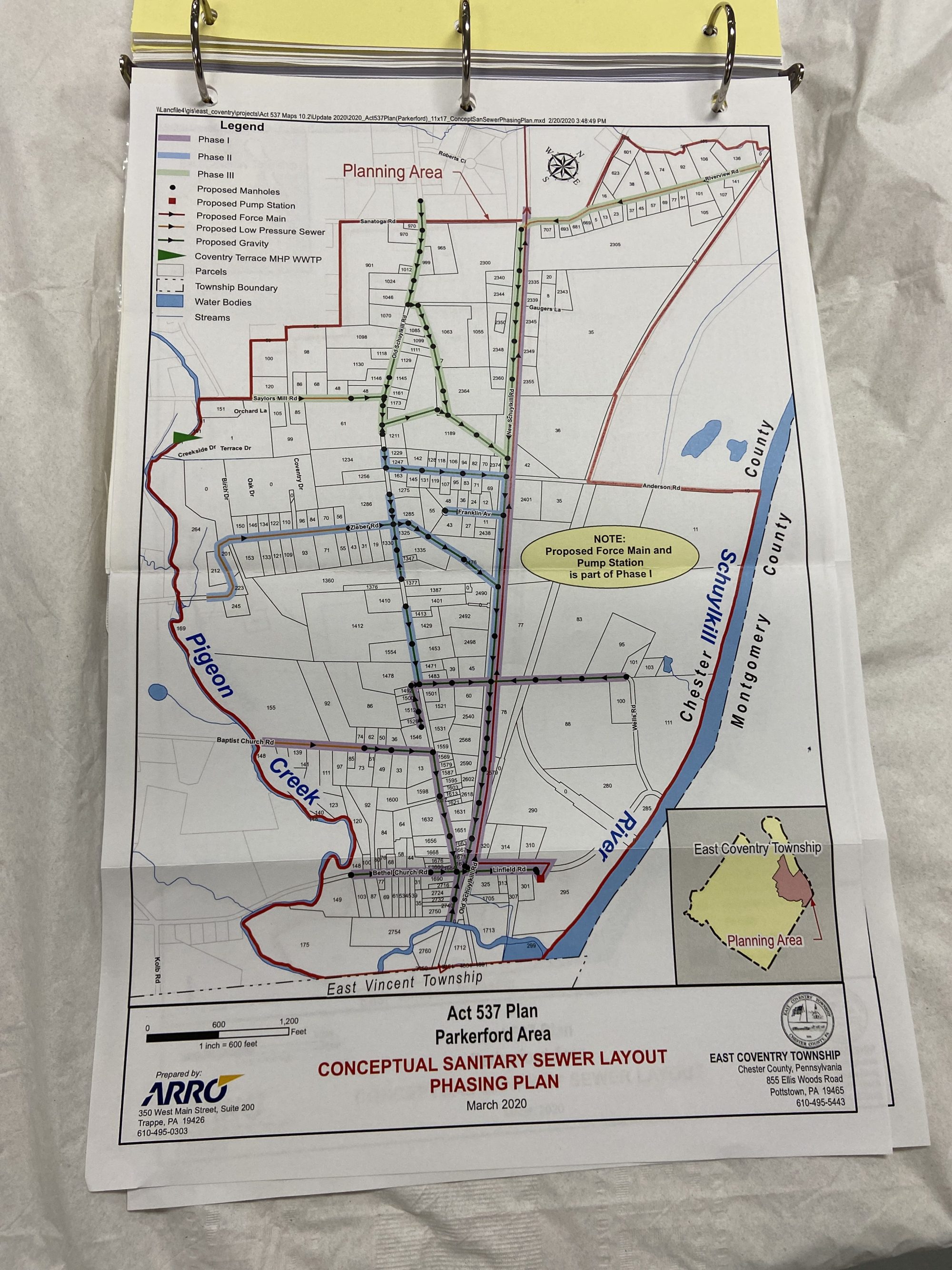 This map showing the possible pipe locations for an expanded sewer collection system in Parker Ford was on display during Wednesday's open house. It was drawn up by township engineers for a study and is not final. (Evan Brandt -- MediaNews Group)