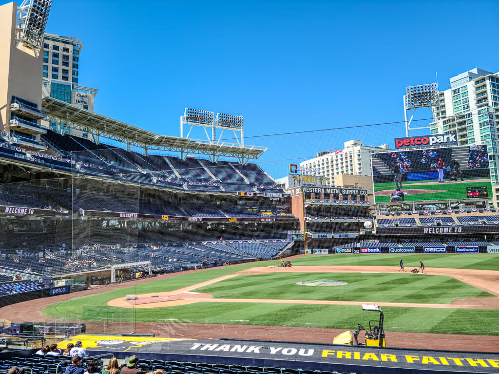 View of Petco Park Baseball Field from the stands in San Diego Downtown