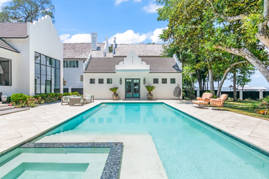 Large pool with walk-down staircase.