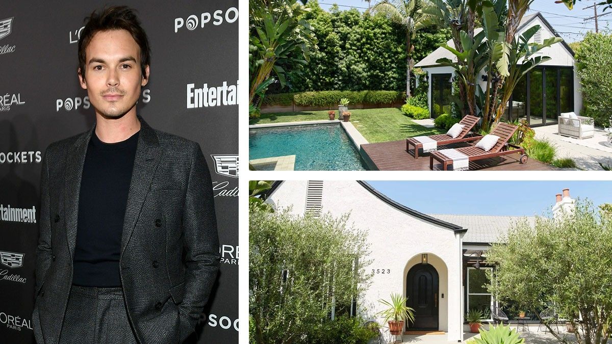 Actor Tyler Blackburn with photos of the exterior and backyard of his home