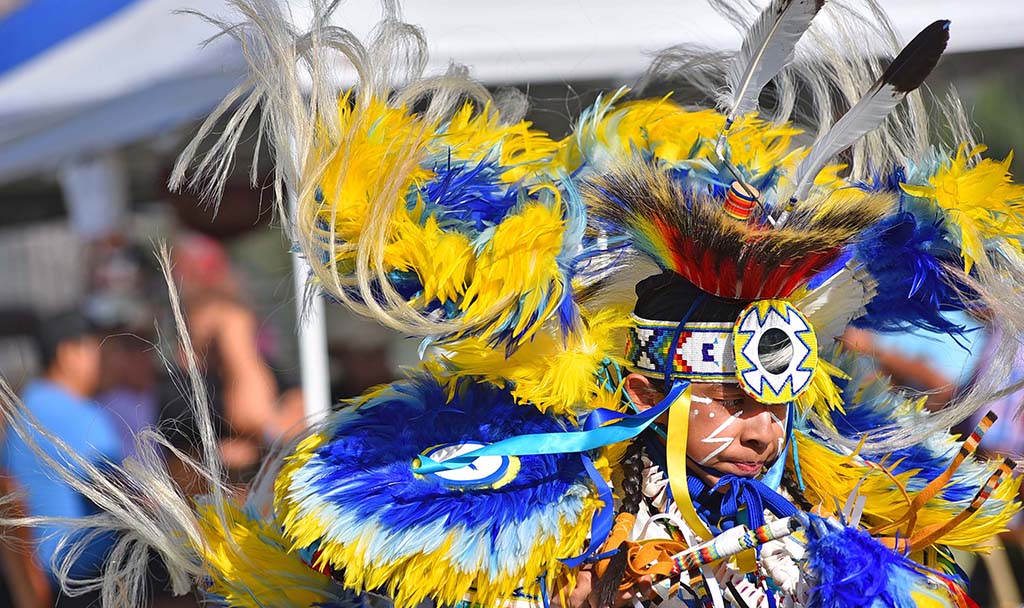 The dancer competed in the fancy category at the powwow.