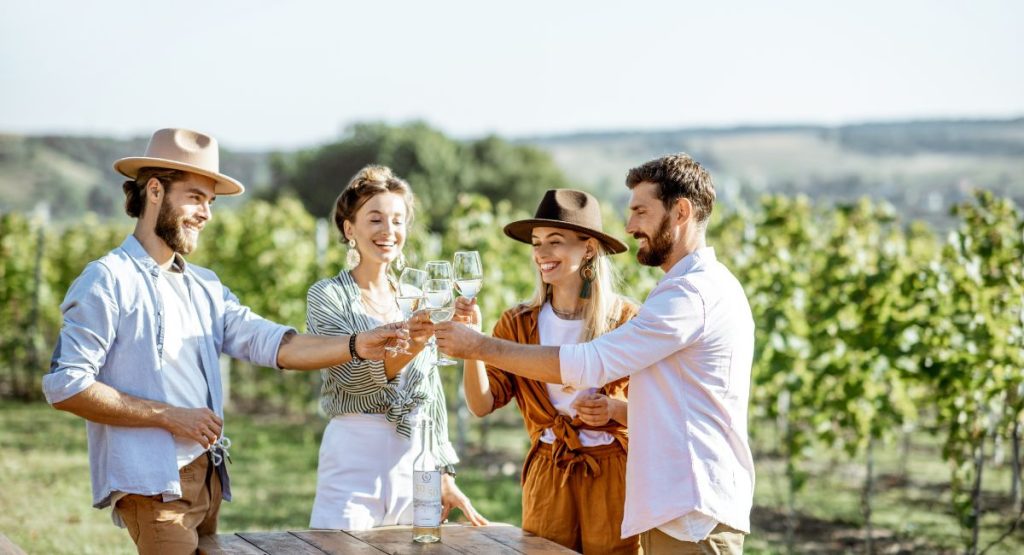 Group of two ladies and two guys cheers-ing wine glasses in front of vineyard on sunny summer day. Guadalupe valley wine tours.