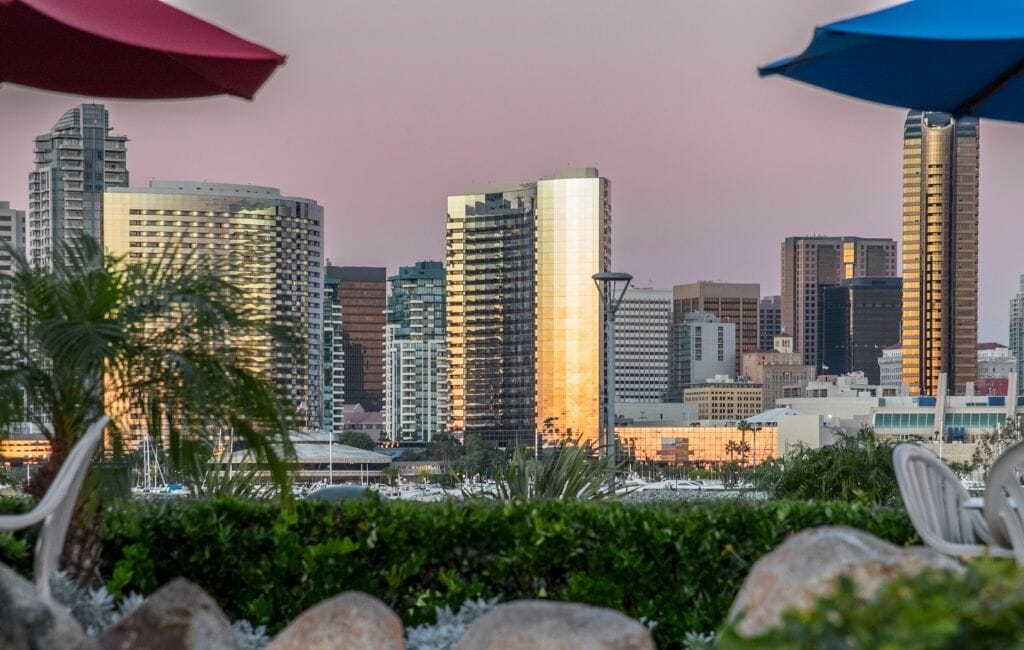 View of San Diego Skyline at sunset from Coronado Ferry Landing