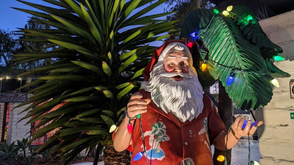 Santa clause with Hawaiian shirt and Christmas lights in front of palm trees