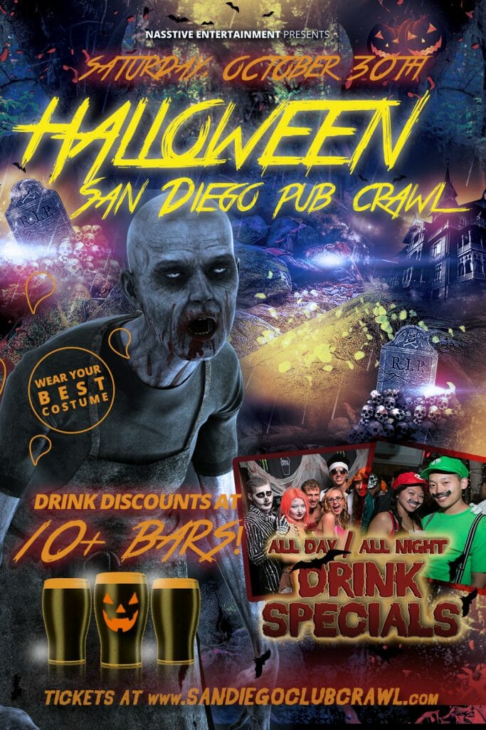 Scary flyer for San Diego Halloween pub crawl with Zombies