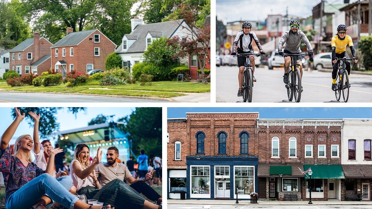 A collage of photos showing a row of homes, a group of friends at an evening outdoor concert; an old small town in USA; and a group of friends riding their bikes on the road